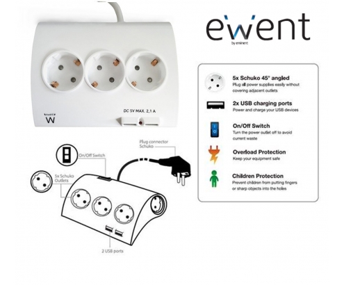 REGLETA EWENT 5 TOMAS SCHUKO 2 USB EW3935
